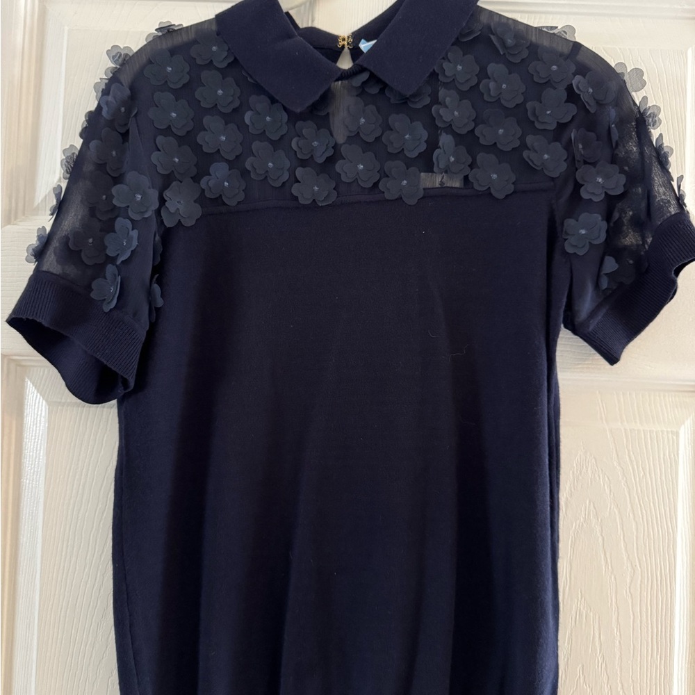 Draper James Midnight Blue Top with Floral Details & Collar